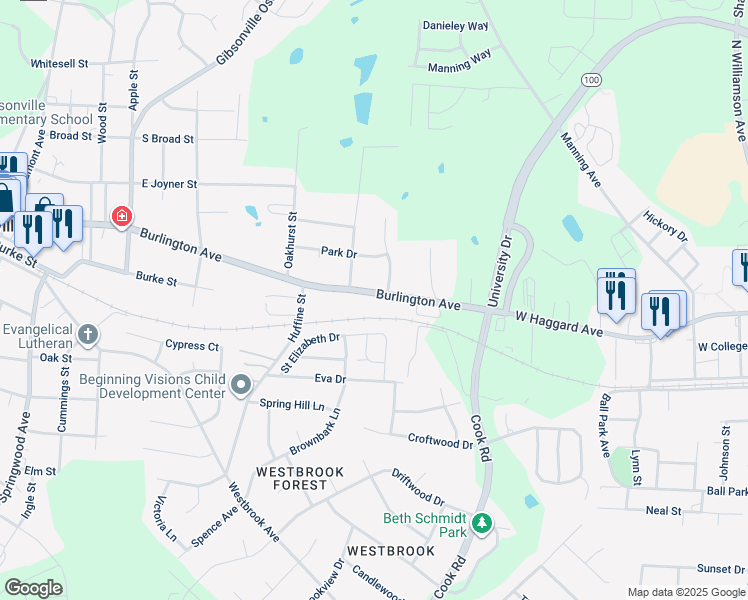 map of restaurants, bars, coffee shops, grocery stores, and more near 914 Burlington Avenue in Gibsonville