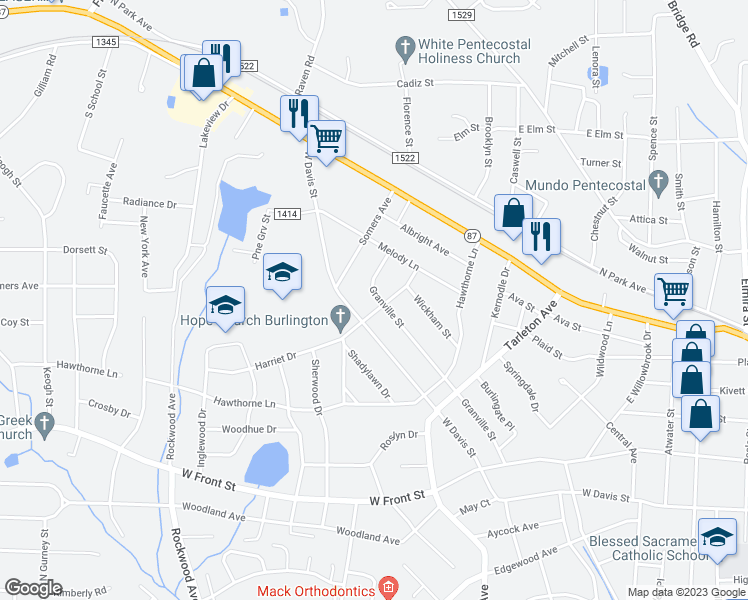 map of restaurants, bars, coffee shops, grocery stores, and more near 1606 Granville Street in Burlington