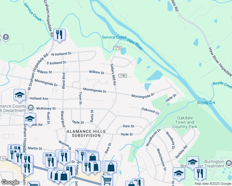 map of restaurants, bars, coffee shops, grocery stores, and more near 700 North Sellars Mill Road in Burlington