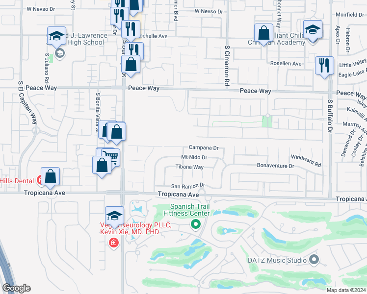 map of restaurants, bars, coffee shops, grocery stores, and more near Campana Drive in Las Vegas