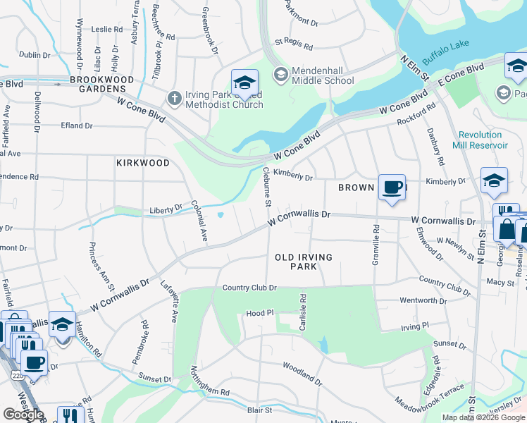 map of restaurants, bars, coffee shops, grocery stores, and more near 2105 Cleburne Street in Greensboro
