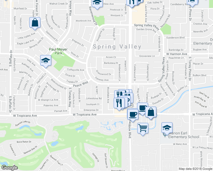 map of restaurants, bars, coffee shops, grocery stores, and more near 4709 Woodlake Avenue in Las Vegas