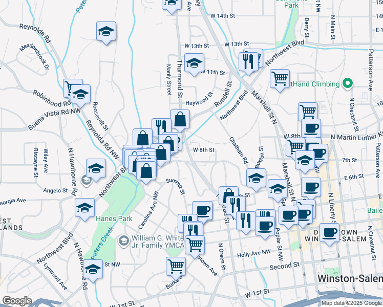 map of restaurants, bars, coffee shops, grocery stores, and more near 812 Decatur Street in Winston-Salem