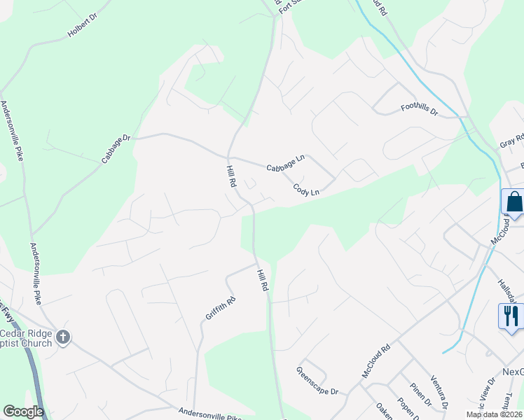 map of restaurants, bars, coffee shops, grocery stores, and more near 7920 Hill Rd in Knoxville