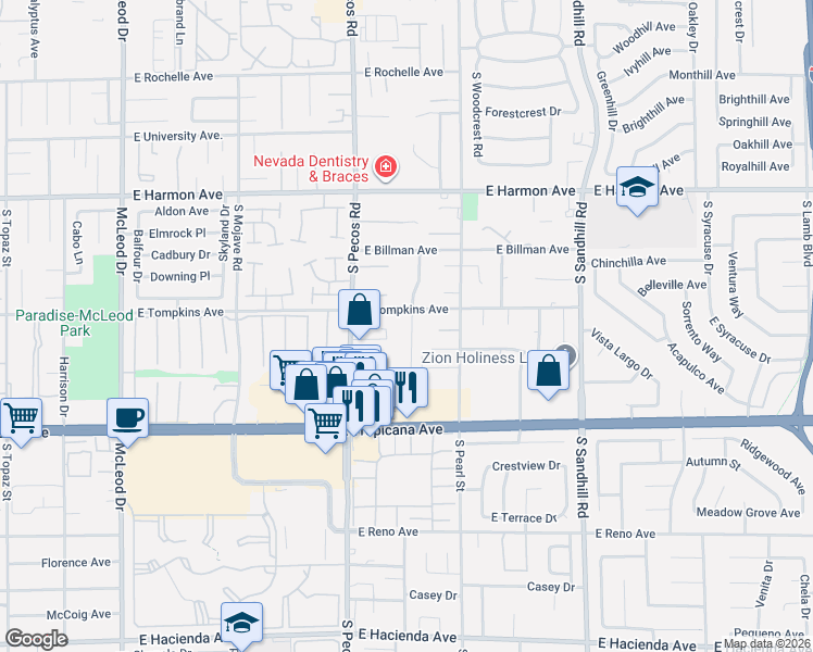 map of restaurants, bars, coffee shops, grocery stores, and more near 3543 East Tompkins Avenue in Las Vegas