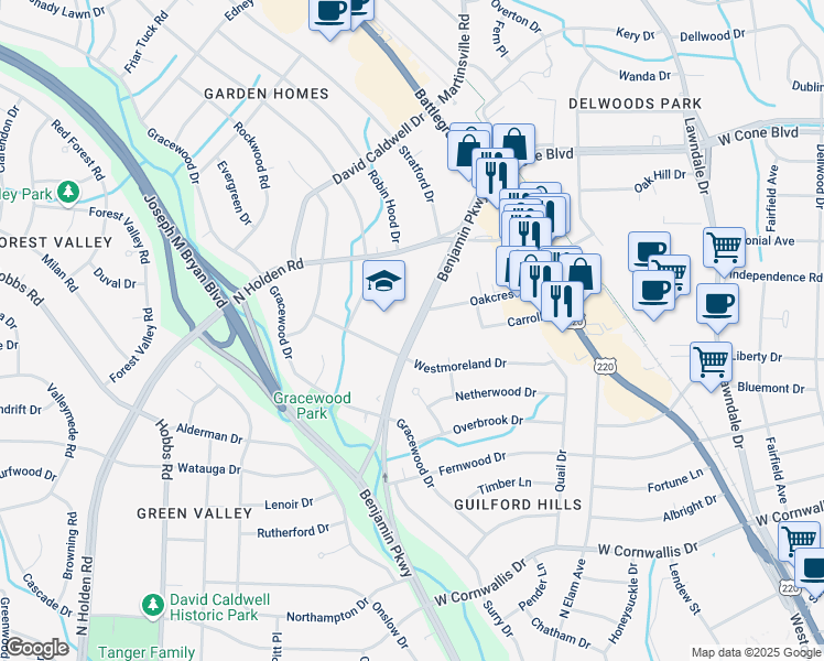 map of restaurants, bars, coffee shops, grocery stores, and more near 1501 Benjamin Parkway in Greensboro