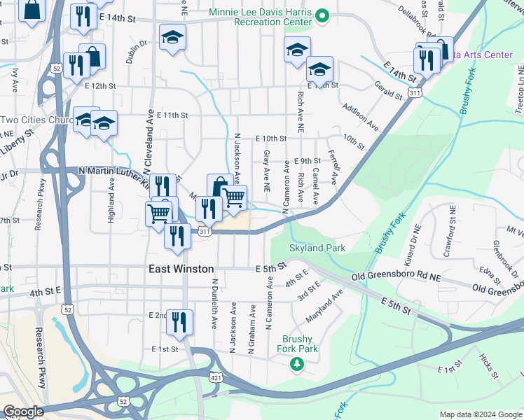 map of restaurants, bars, coffee shops, grocery stores, and more near 801 North Graham Avenue in Winston-Salem