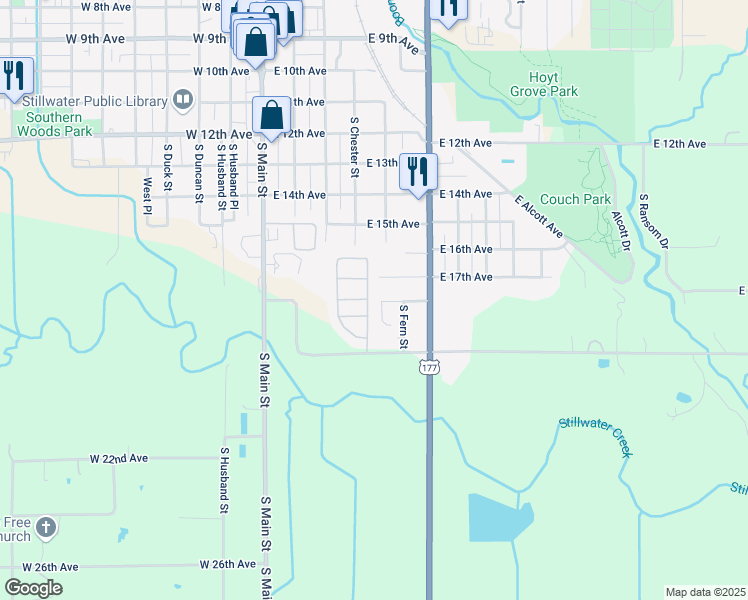 map of restaurants, bars, coffee shops, grocery stores, and more near 410 East 17th Avenue in Stillwater