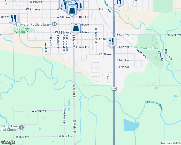 map of restaurants, bars, coffee shops, grocery stores, and more near 1804 South Lowry Street in Stillwater