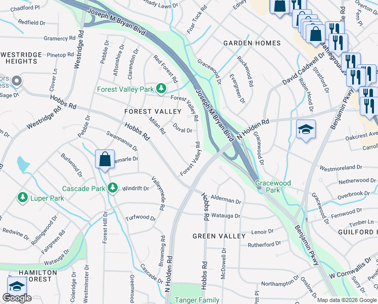 map of restaurants, bars, coffee shops, grocery stores, and more near 1603 Clement Court in Greensboro
