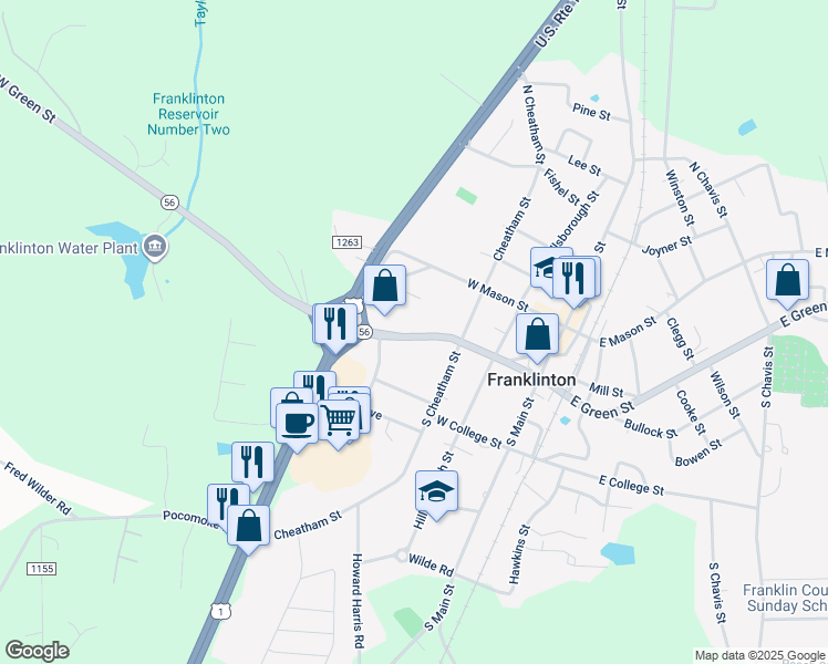 map of restaurants, bars, coffee shops, grocery stores, and more near 222 East Green Street in Franklinton