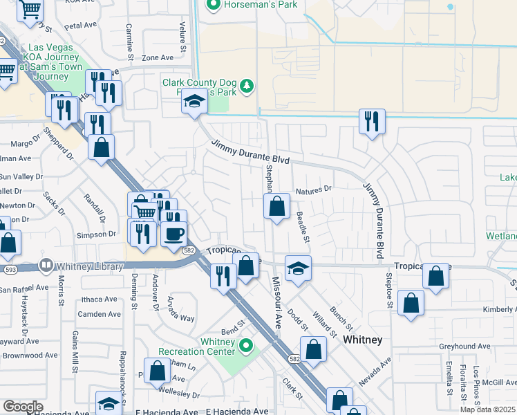 map of restaurants, bars, coffee shops, grocery stores, and more near 5710 East Tropicana Avenue in Las Vegas