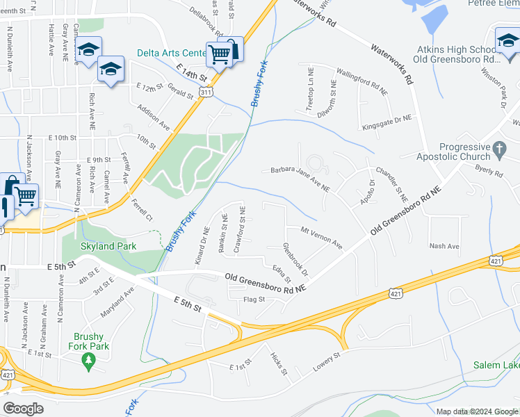 map of restaurants, bars, coffee shops, grocery stores, and more near 668 Gardner Street in Winston-Salem