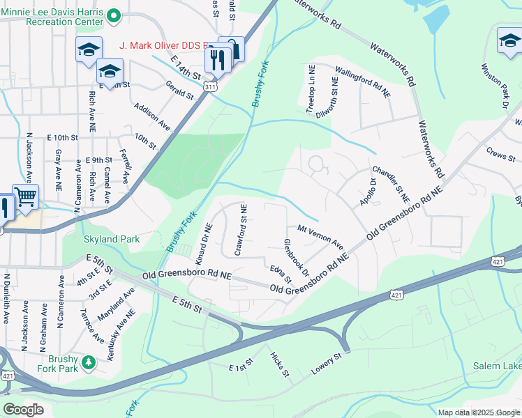 map of restaurants, bars, coffee shops, grocery stores, and more near 668 Gardner Street in Winston-Salem