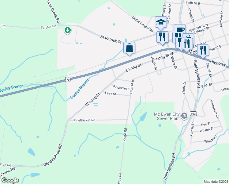 map of restaurants, bars, coffee shops, grocery stores, and more near 84 Easy Street in McEwen