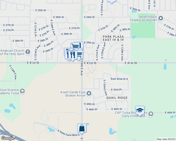 map of restaurants, bars, coffee shops, grocery stores, and more near 4117 South 130th Avenue East in Tulsa