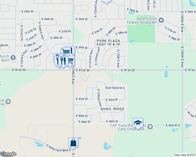 map of restaurants, bars, coffee shops, grocery stores, and more near 13301 East 41st Place in Tulsa