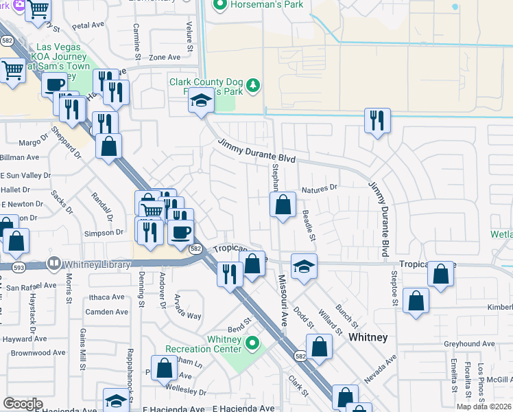 map of restaurants, bars, coffee shops, grocery stores, and more near 5710 East Tropicana Avenue in Las Vegas