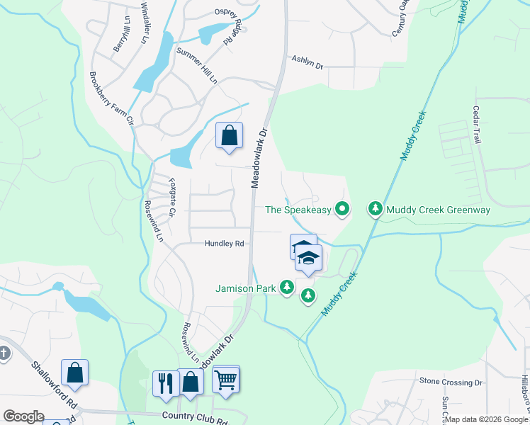 map of restaurants, bars, coffee shops, grocery stores, and more near 5260 Meadowlark Glen Lane in Winston-Salem