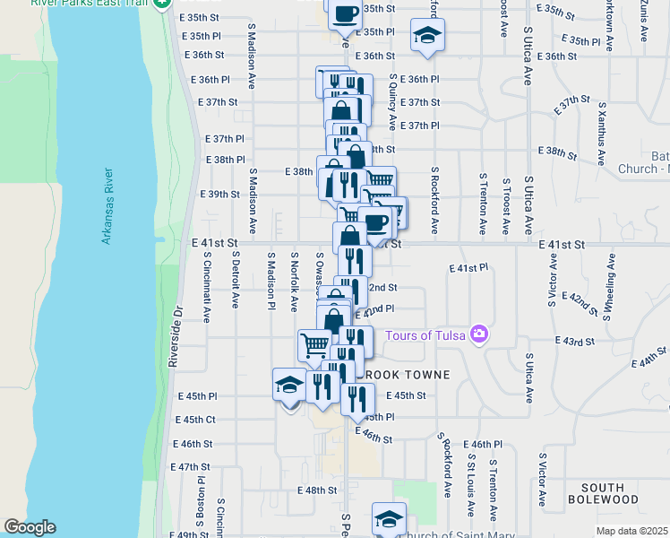 map of restaurants, bars, coffee shops, grocery stores, and more near 4124 South Peoria Avenue in Tulsa