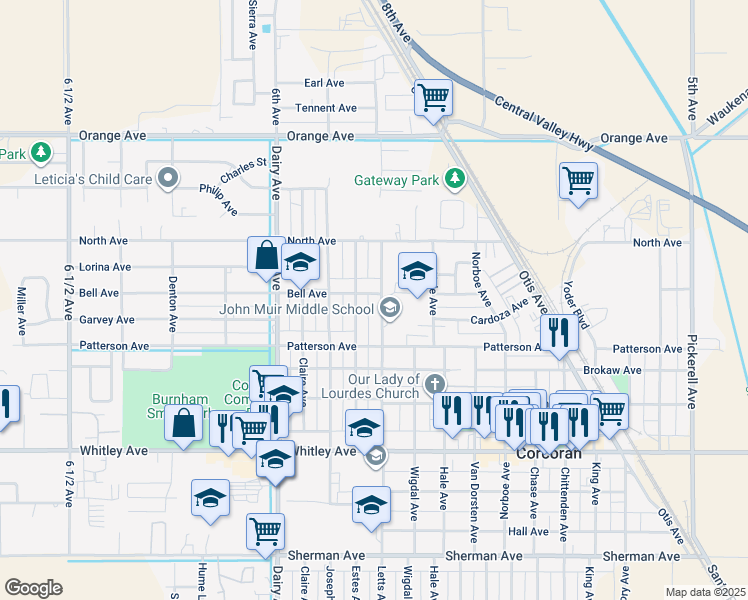 map of restaurants, bars, coffee shops, grocery stores, and more near 1601 Bell Avenue in Corcoran