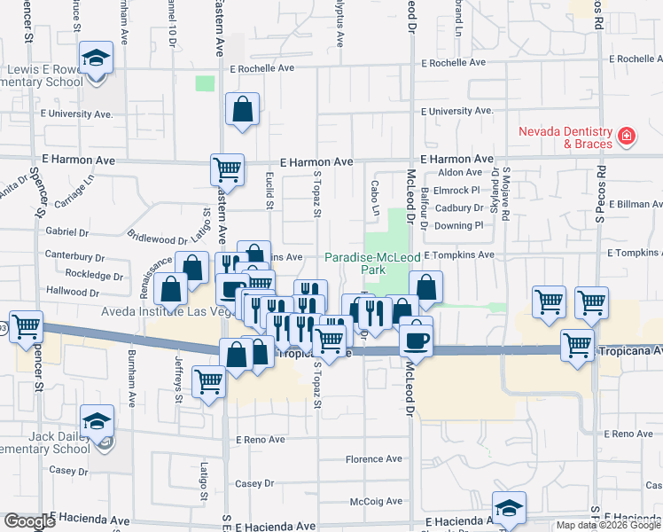 map of restaurants, bars, coffee shops, grocery stores, and more near 2593 La Fortuna Avenue in Las Vegas
