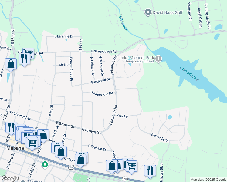 map of restaurants, bars, coffee shops, grocery stores, and more near 503 West Lebanon Road in Mebane