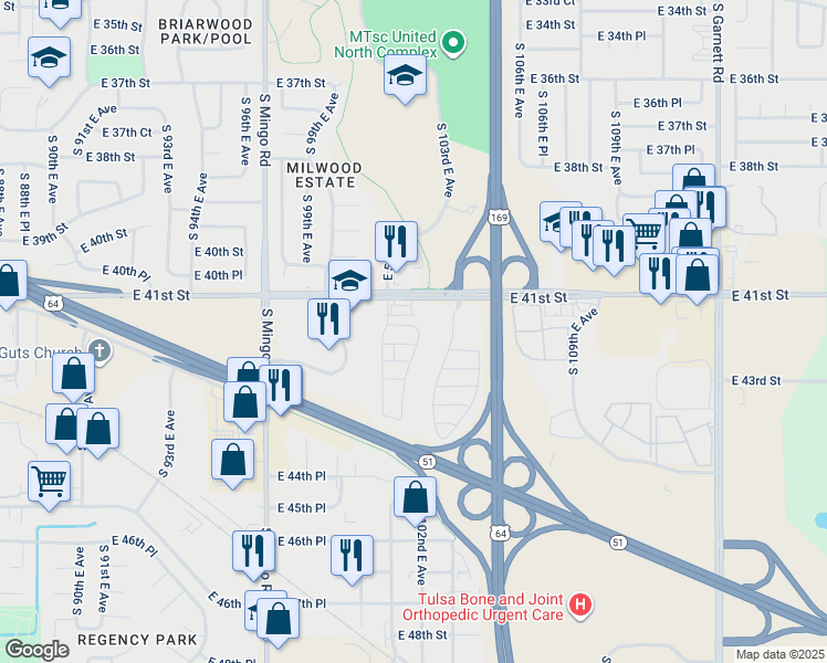 map of restaurants, bars, coffee shops, grocery stores, and more near 4102 South 103rd East Avenue in Tulsa