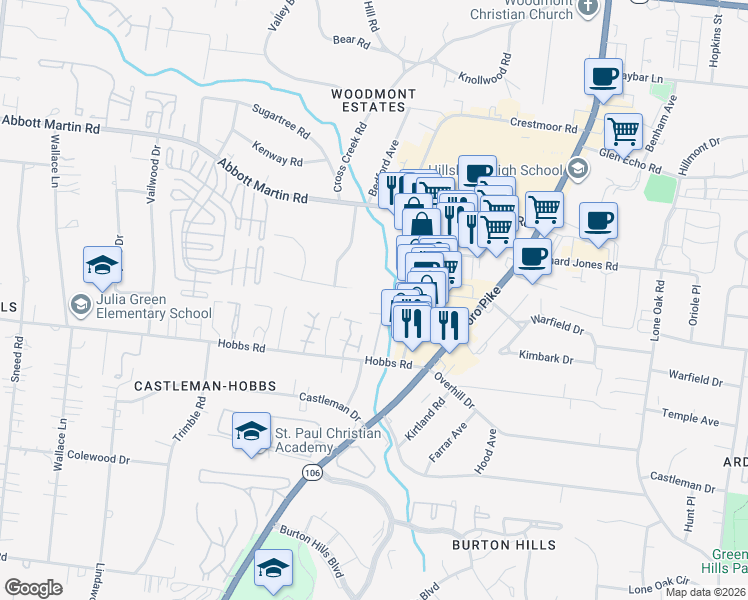 map of restaurants, bars, coffee shops, grocery stores, and more near 4041 Hillsboro Circle in Nashville