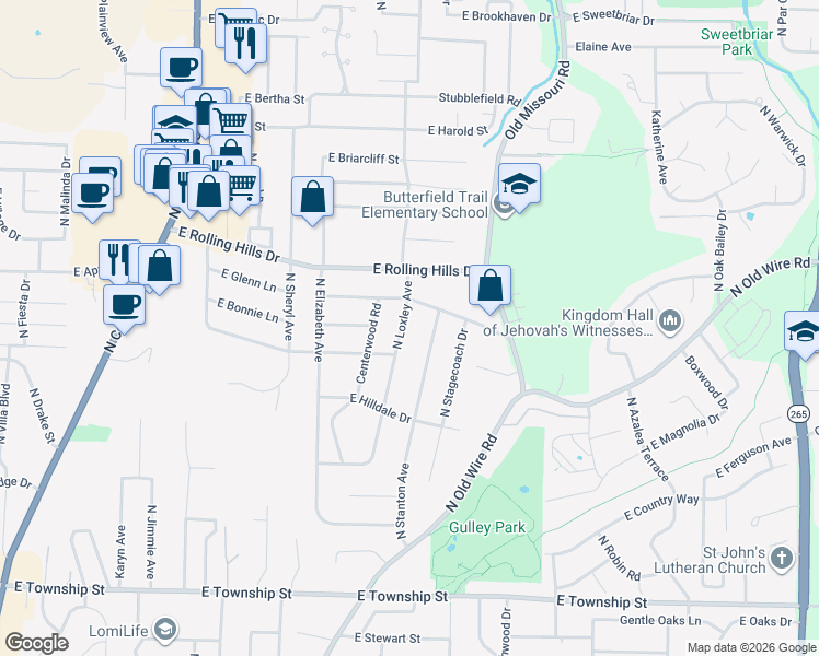 map of restaurants, bars, coffee shops, grocery stores, and more near 2859 North Loxley Avenue in Fayetteville