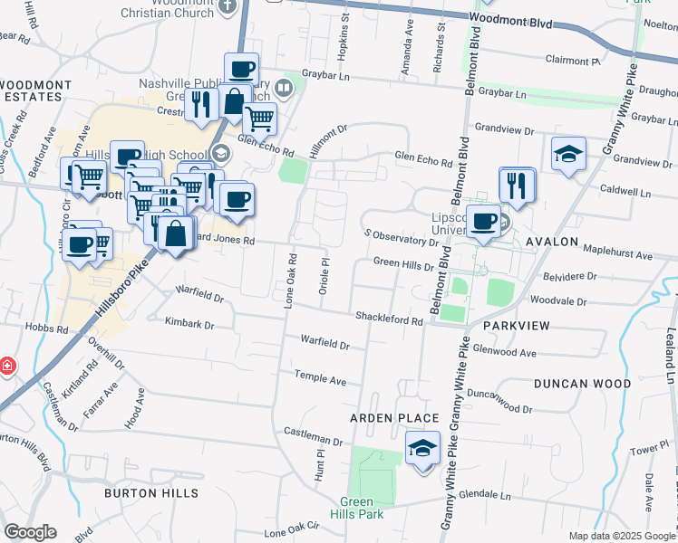 map of restaurants, bars, coffee shops, grocery stores, and more near 1724B Green Hills Drive in Nashville