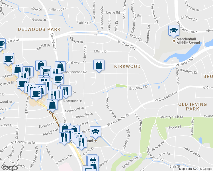 map of restaurants, bars, coffee shops, grocery stores, and more near 1710 Liberty Drive in Greensboro