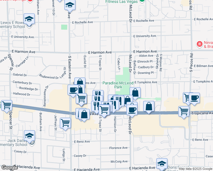 map of restaurants, bars, coffee shops, grocery stores, and more near 4770 South Topaz Street in Las Vegas