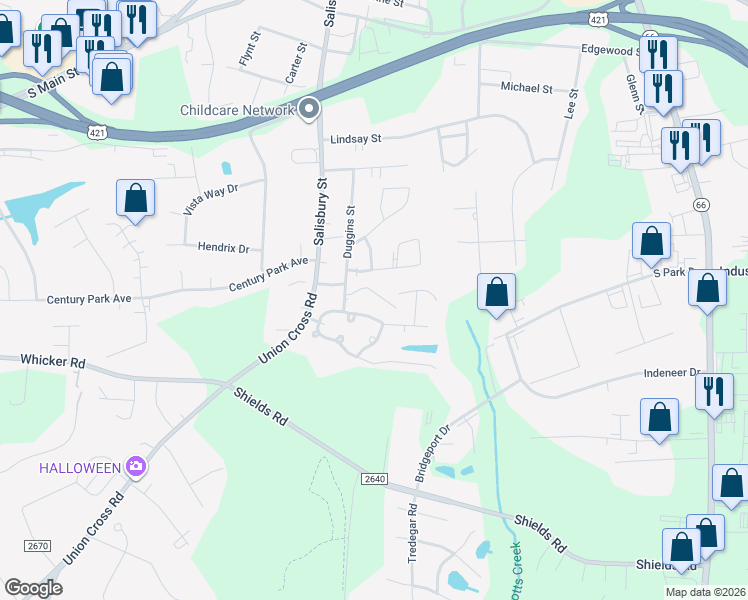 map of restaurants, bars, coffee shops, grocery stores, and more near 416 Arborwood Drive in Kernersville