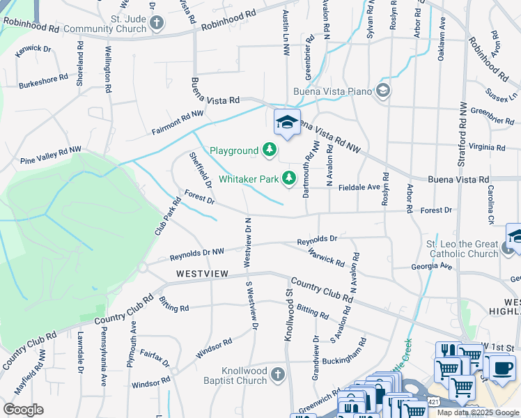 map of restaurants, bars, coffee shops, grocery stores, and more near 2655 Forest Drive in Winston-Salem