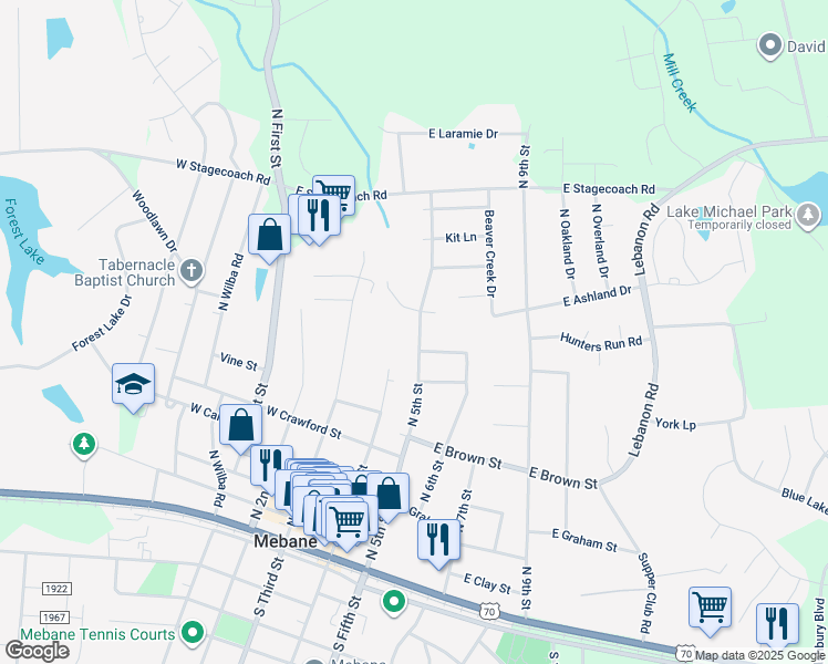 map of restaurants, bars, coffee shops, grocery stores, and more near 705 North 5th Street in Mebane