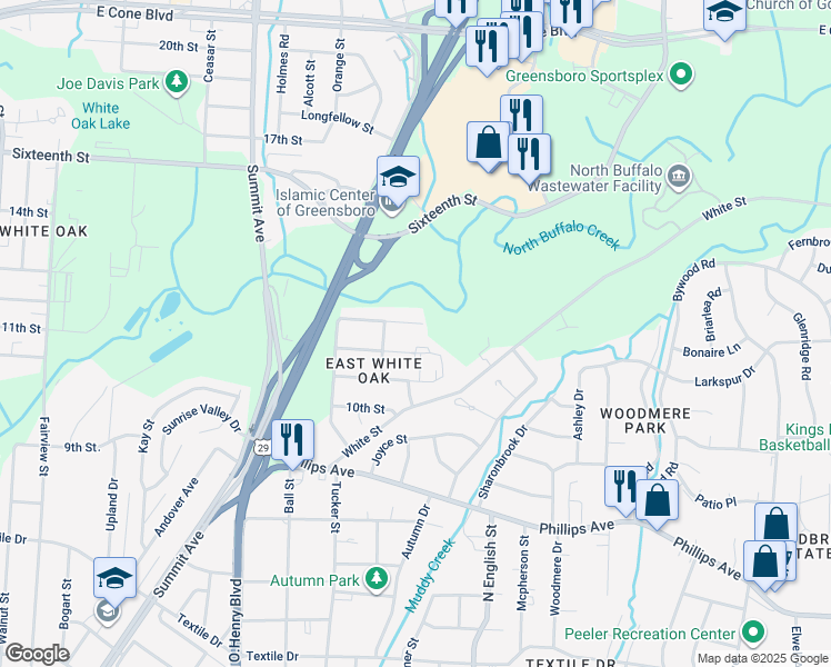 map of restaurants, bars, coffee shops, grocery stores, and more near 1812 Gordon Street in Greensboro