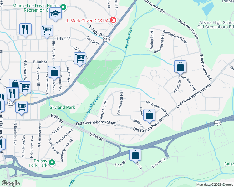 map of restaurants, bars, coffee shops, grocery stores, and more near 617 Kinard Drive Northeast in Winston-Salem