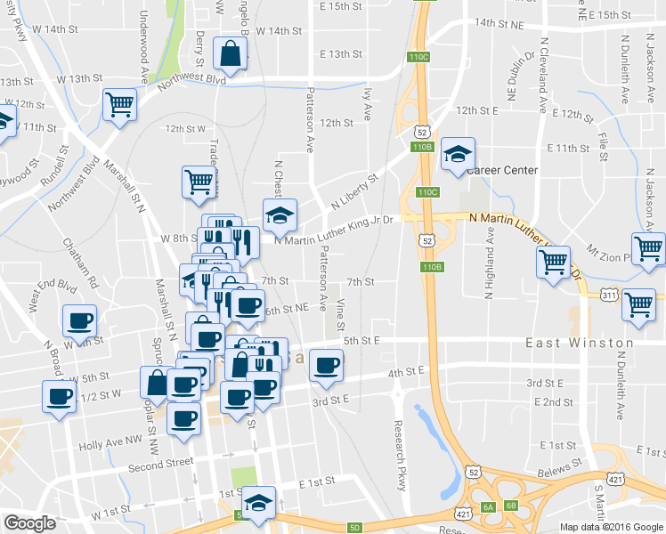 map of restaurants, bars, coffee shops, grocery stores, and more near 727 North Patterson Avenue in Winston-Salem