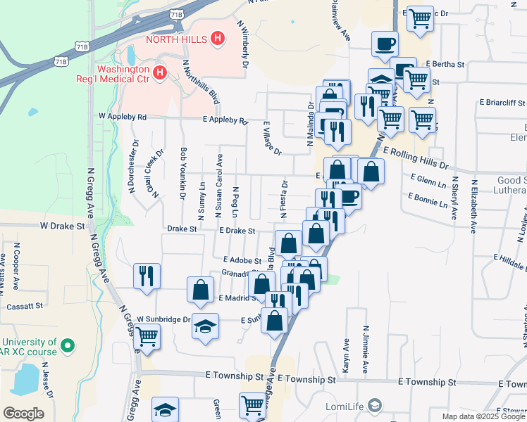 map of restaurants, bars, coffee shops, grocery stores, and more near 317 Mimosa Lane in Fayetteville