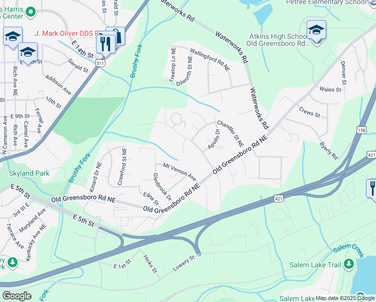 map of restaurants, bars, coffee shops, grocery stores, and more near 630 Barbara Jane Avenue Northeast in Winston-Salem