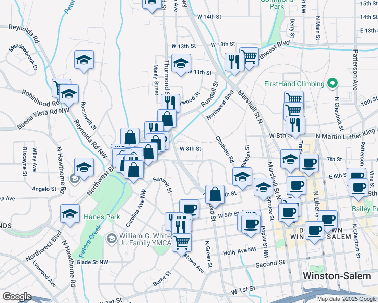 map of restaurants, bars, coffee shops, grocery stores, and more near 820 West 8th Street in Winston-Salem