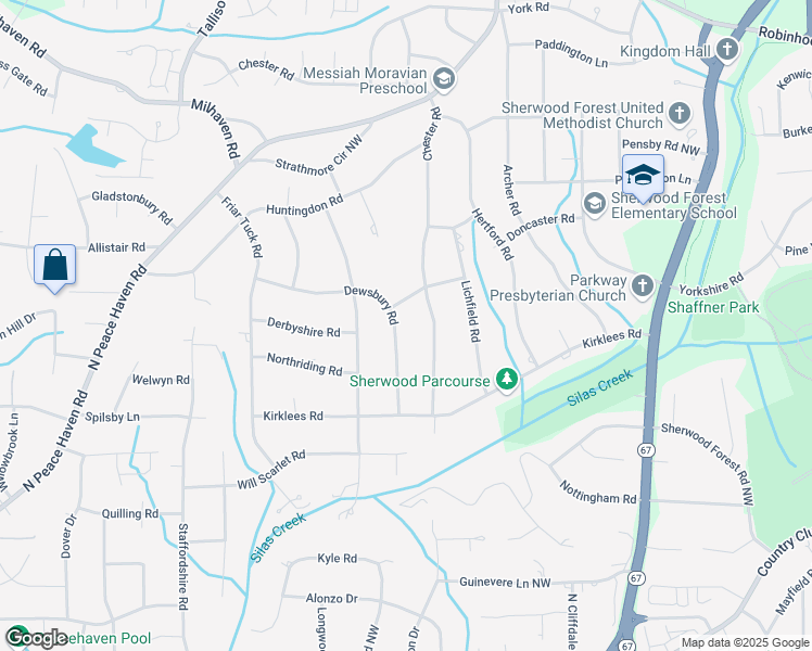 map of restaurants, bars, coffee shops, grocery stores, and more near 3619 Dewsbury Road in Winston-Salem