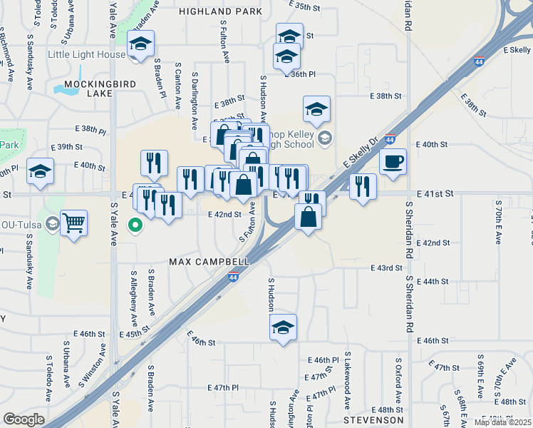 map of restaurants, bars, coffee shops, grocery stores, and more near 5551 East Skelly Drive in Tulsa