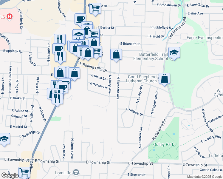 map of restaurants, bars, coffee shops, grocery stores, and more near 2850 North Sheryl Avenue in Fayetteville