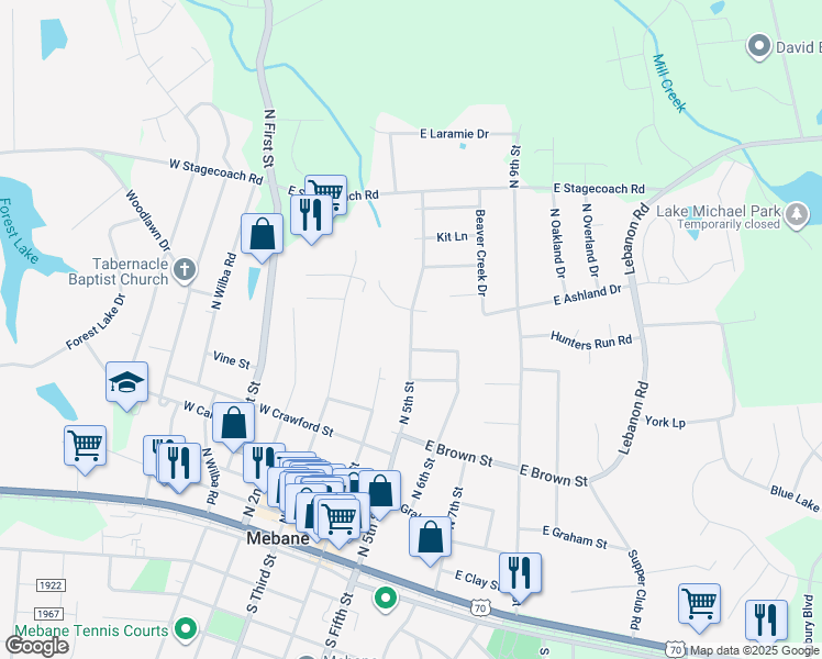 map of restaurants, bars, coffee shops, grocery stores, and more near 705 North 5th Street in Mebane