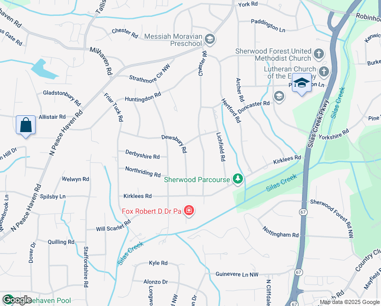 map of restaurants, bars, coffee shops, grocery stores, and more near 3619 Dewsbury Road in Winston-Salem