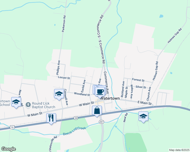 map of restaurants, bars, coffee shops, grocery stores, and more near 321 N Central Ave in Watertown