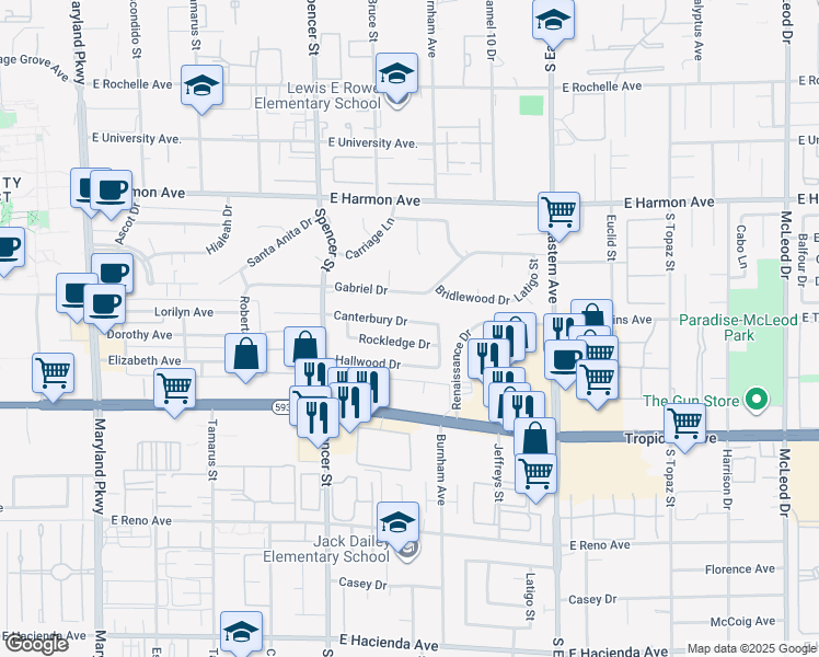 map of restaurants, bars, coffee shops, grocery stores, and more near 1965 Canterbury Drive in Las Vegas