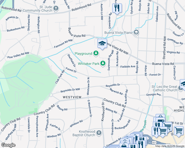 map of restaurants, bars, coffee shops, grocery stores, and more near 2655 Forest Drive in Winston-Salem